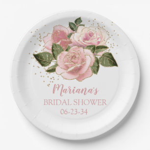 Modern Pink and Gold Roses Bridal Shower Paper Plates