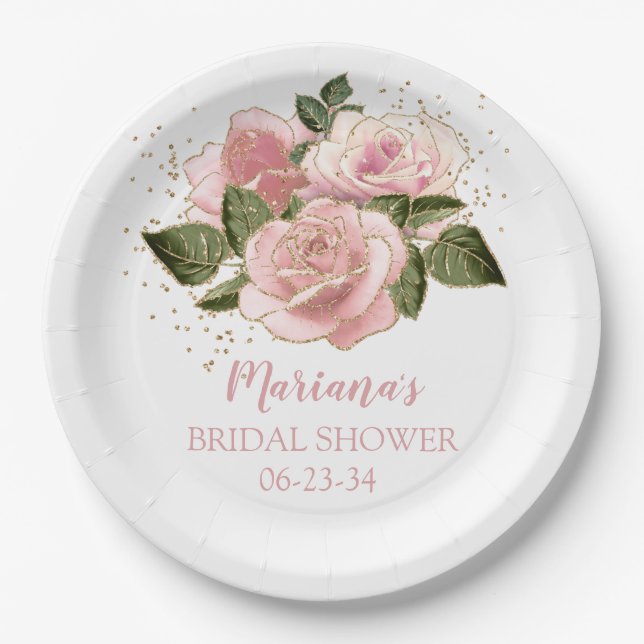Modern Pink and Gold Roses Bridal Shower Paper Plates (Front)