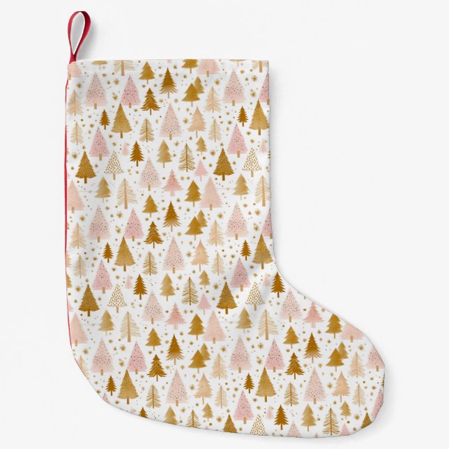 Modern Pink and Gold Tree Pattern Small Christmas Stocking (Front)