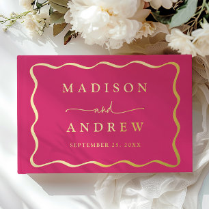 Modern Pink and Gold Wavy Frame Photo Wedding Foil Guest Book