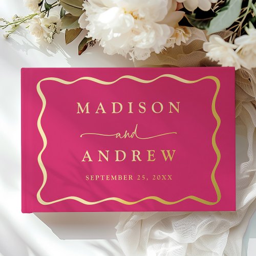 Modern Pink and Gold Wavy Frame Photo Wedding Foil Guest Book