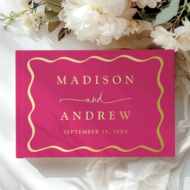 Modern Pink and Gold Wavy Frame Photo Wedding Foil Guest Book (Creator Uploaded)
