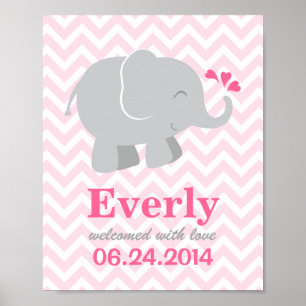 Modern Pink and Gray Elephant Custom Monogram Poster
