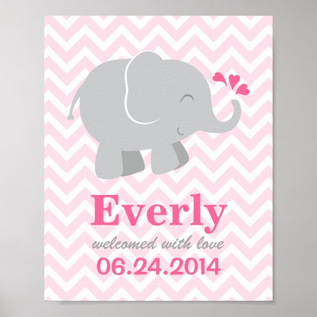 Modern Pink and Gray Elephant Custom Monogram Poster (Front)