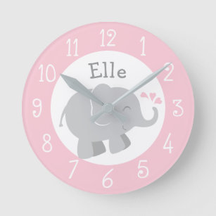 Modern Pink and Gray Elephant Custom Monogram Round Clock