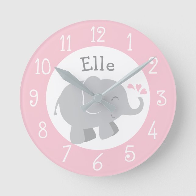 Modern Pink and Gray Elephant Custom Monogram Round Clock (Front)