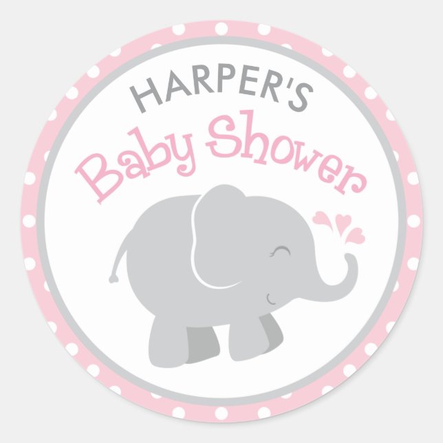 Modern Pink and Gray Elephant Girl Baby Shower Classic Round Sticker (Front)