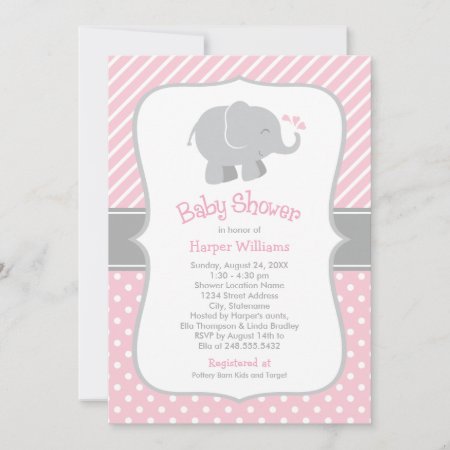 Modern Pink And Gray Elephant Girl Baby Shower Invitation