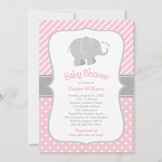 Modern Pink and Gray Elephant Girl Baby Shower Invitation (Front)