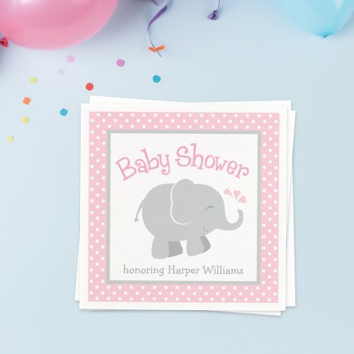 Modern Pink and Gray Elephant Girl Baby Shower Paper Napkins