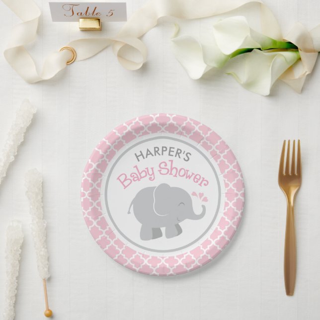 Modern Pink and Gray Elephant Girl Baby Shower Paper Plates (Wedding)