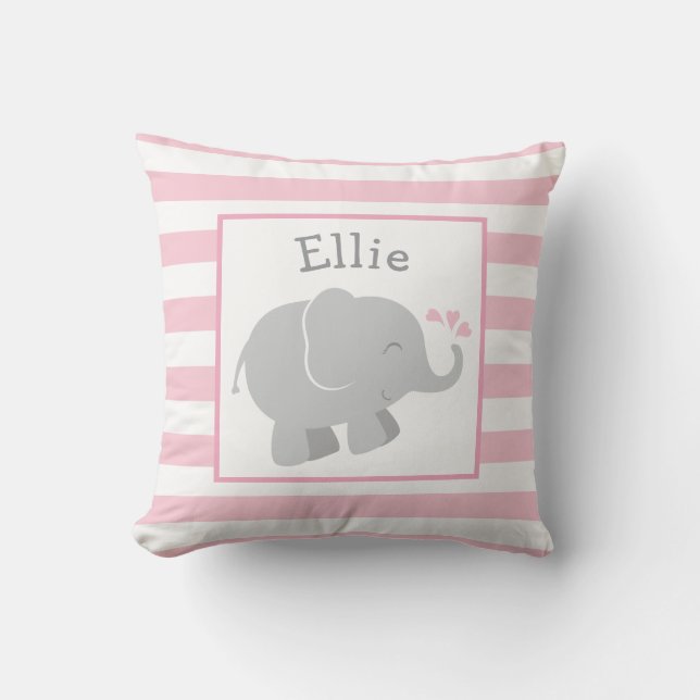 Modern Pink and Gray Elephant Monogram Throw Pillow (Front)