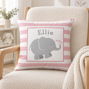 Modern Pink and Gray Elephant Monogram Throw Pillow
