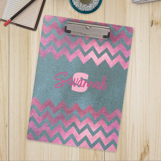 Modern Pink and Gray Faux Glitter Chevron Monogram Clipboard (Creator Uploaded)