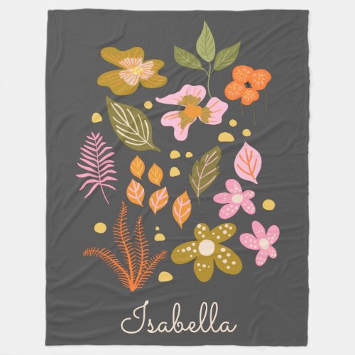 Modern Pink and Gray Floral Art Personalized Name Fleece Blanket