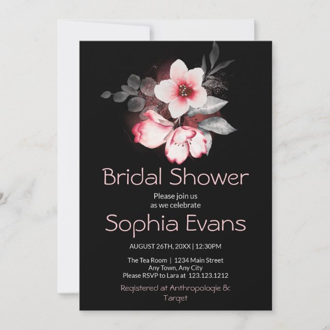 Modern Pink and Gray Floral Black Bridal Shower Invitation (Front)