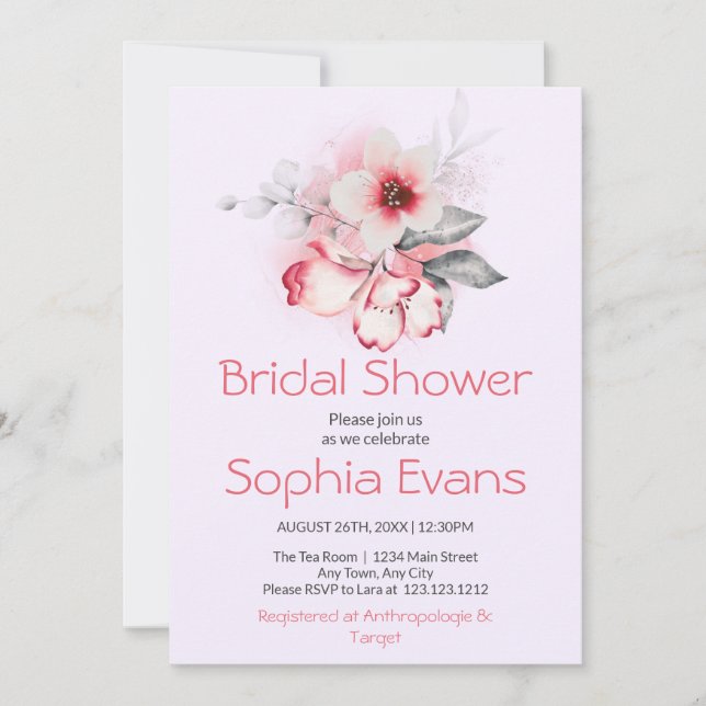 Modern Pink and Gray Floral Purple Bridal Shower Invitation (Front)
