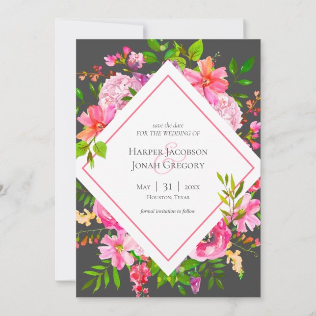 Modern Pink and Gray Floral Wedding Save the Date Invitation (Front)