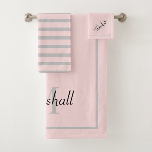 Modern Pink And Gray Monogram With Stripes  Bath Towel Set