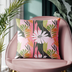 Modern Pink and Green Abstract Floral Pattern Throw Pillow