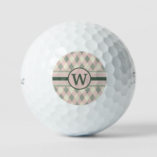 Modern Pink and Green Argyle Pattern Monogram Golf Balls