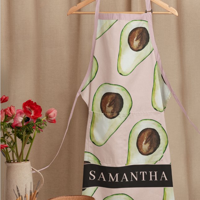 Modern  Pink And Green Avocado Pattern With Name Apron (Creator Uploaded)