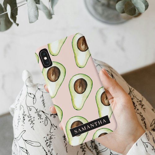 Modern  Pink And Green Avocado Pattern With Name iPhone XS Max Case