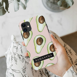 Modern  Pink And Green Avocado Pattern With Name iPhone 11 Case