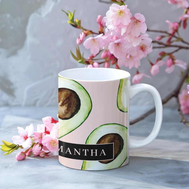 Modern  Pink And Green Avocado Pattern With Name Coffee Mug (Creator Uploaded)
