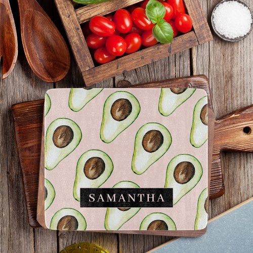 Modern  Pink And Green Avocado Pattern With Name Cutting Board