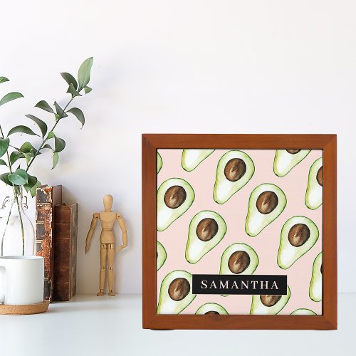Modern  Pink And Green Avocado Pattern With Name Desk Organizer