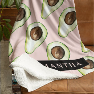 Modern Pink And Green Avocado Pattern With Name Fleece Blanket