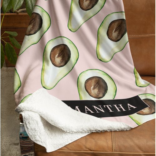 Modern  Pink And Green Avocado Pattern With Name Fleece Blanket