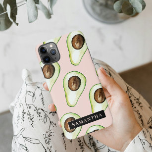 Modern  Pink And Green Avocado Pattern With Name iPhone 11Pro Max Case
