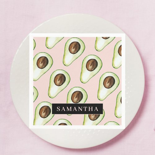 Modern  Pink And Green Avocado Pattern With Name Napkins