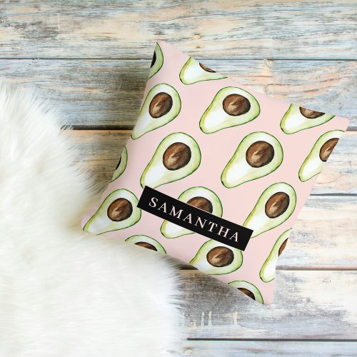 Modern  Pink And Green Avocado Pattern With Name Outdoor Pillow