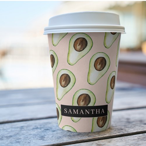 Modern  Pink And Green Avocado Pattern With Name Paper Cups