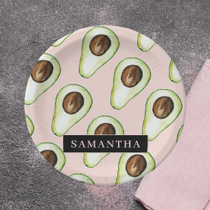 Modern Pink And Green Avocado Pattern With Name Paper Plates