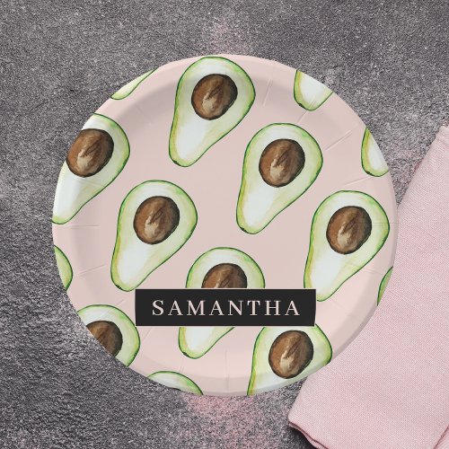 Modern  Pink And Green Avocado Pattern With Name Paper Plates