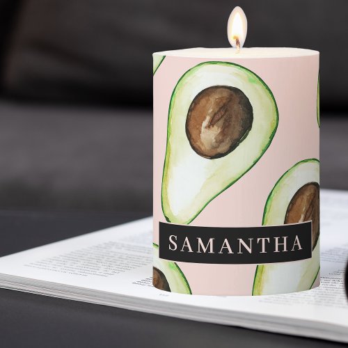 Modern  Pink And Green Avocado Pattern With Name Pillar Candle
