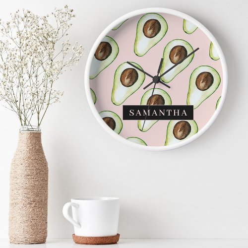 Modern  Pink And Green Avocado Pattern With Name Round Clock