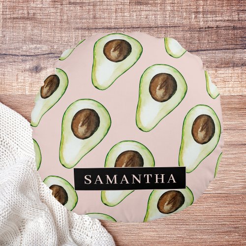 Modern  Pink And Green Avocado Pattern With Name Round Pillow