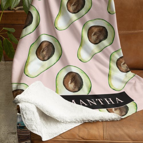 Modern  Pink And Green Avocado Pattern With Name Sherpa Blanket