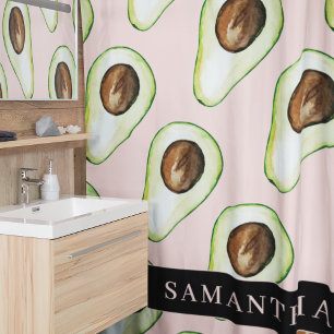 Modern Pink And Green Avocado Pattern With Name Shower Curtain