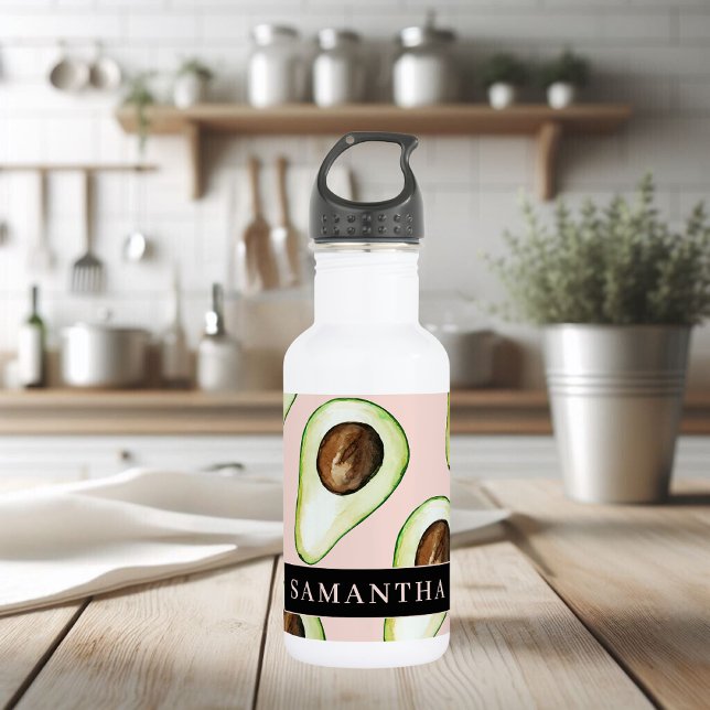 Modern  Pink And Green Avocado Pattern With Name Stainless Steel Water Bottle (Creator Uploaded)