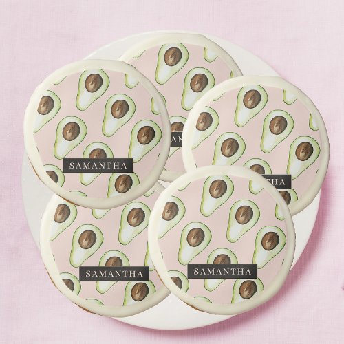 Modern  Pink And Green Avocado Pattern With Name Sugar Cookie