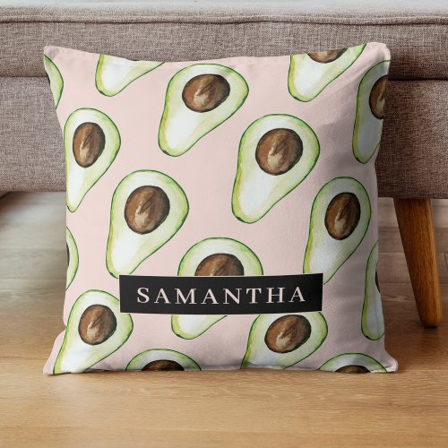 Modern  Pink And Green Avocado Pattern With Name Throw Pillow