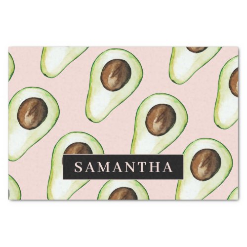 Modern  Pink And Green Avocado Pattern With Name Tissue Paper