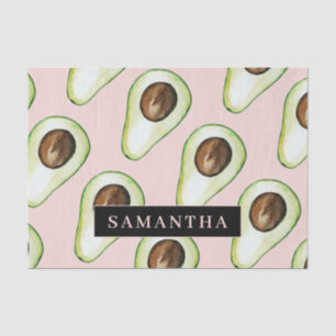 Modern Pink And Green Avocado Pattern With Name Tissue Paper