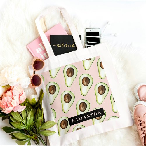Modern  Pink And Green Avocado Pattern With Name Tote Bag